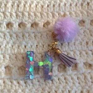 Purple and Gold Initial Keychain with Pom Pom